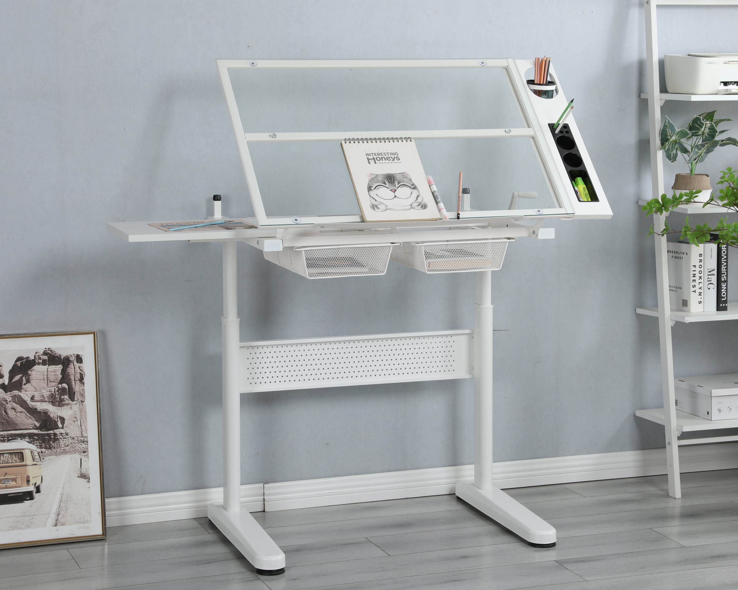 hand crank adjustable drafting table drawing desk with 2 metal drawers (white)WITH STOOL