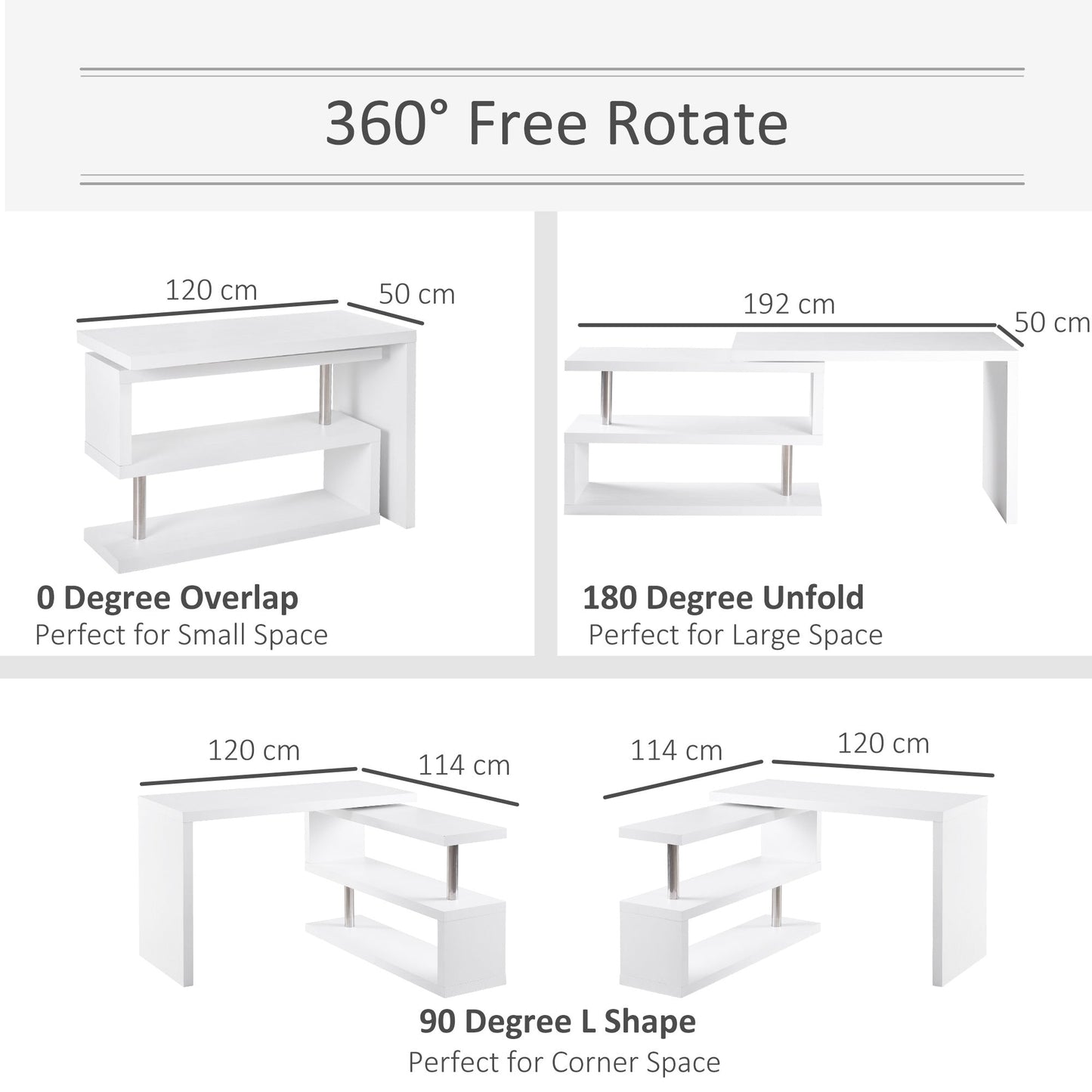 360 Degree Rotating Corner Computer Desk, L Shaped Desk, Home Office Workstation with 3-Tier Storage Shelves, White
