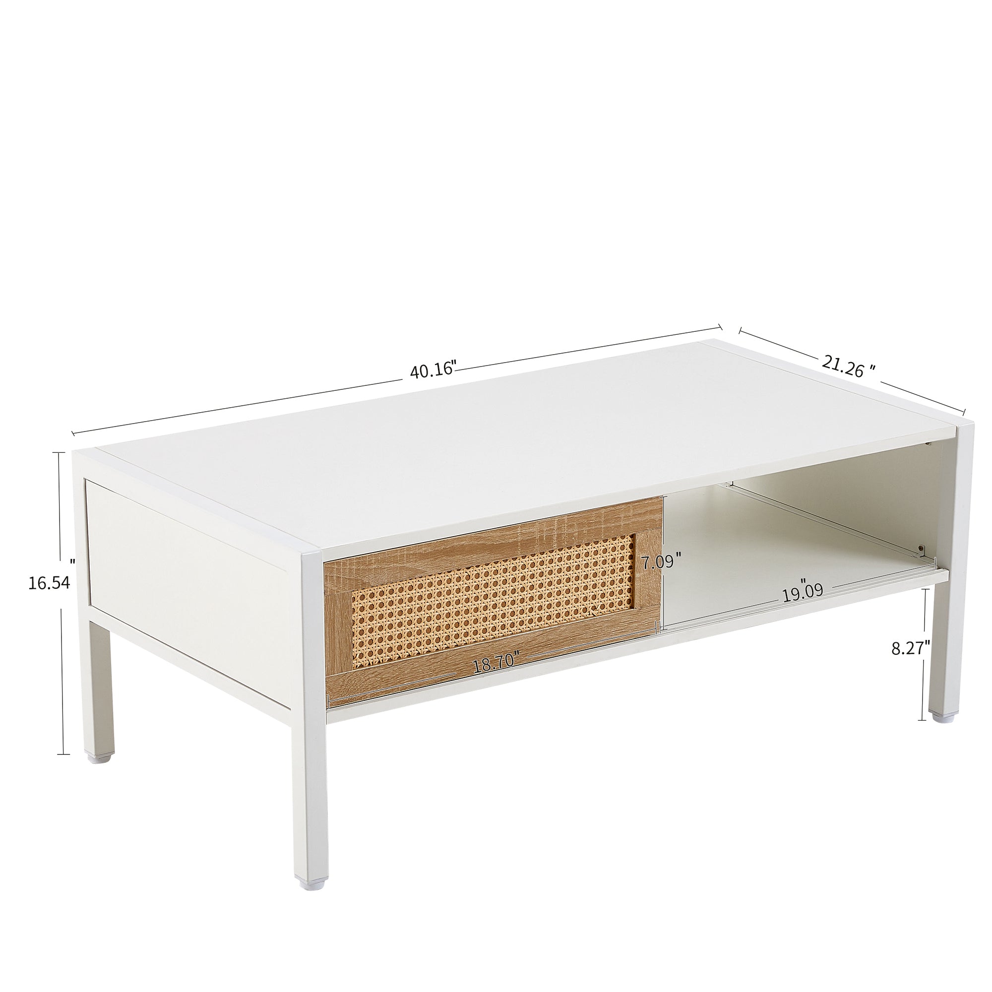 40.16" Rattan Coffee table, sliding door for storage, metal legs, Modern table  for living room , white