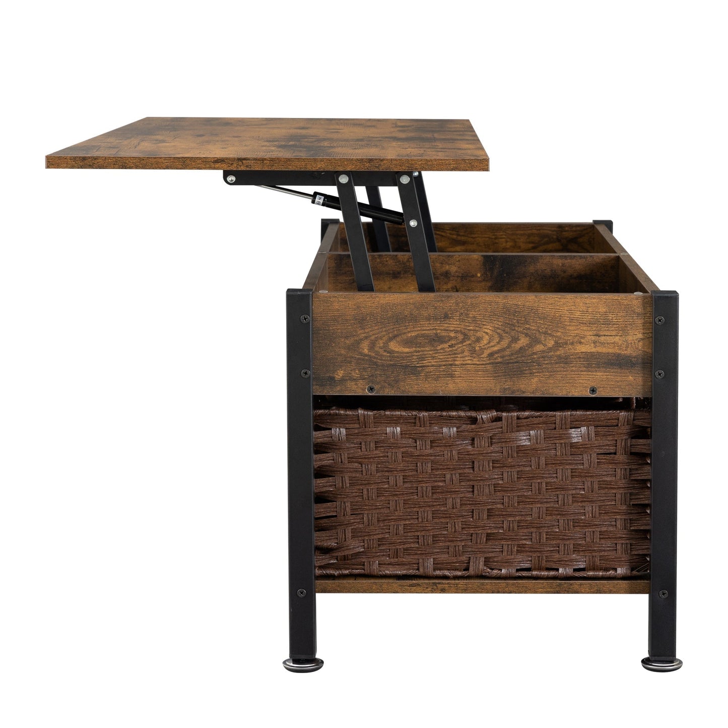 Metal coffee table,desk,with a lifting table,and hidden storage space.There were two removable wicker baskets that could be placed in any space such as the living room,color:brown with fire wood grain