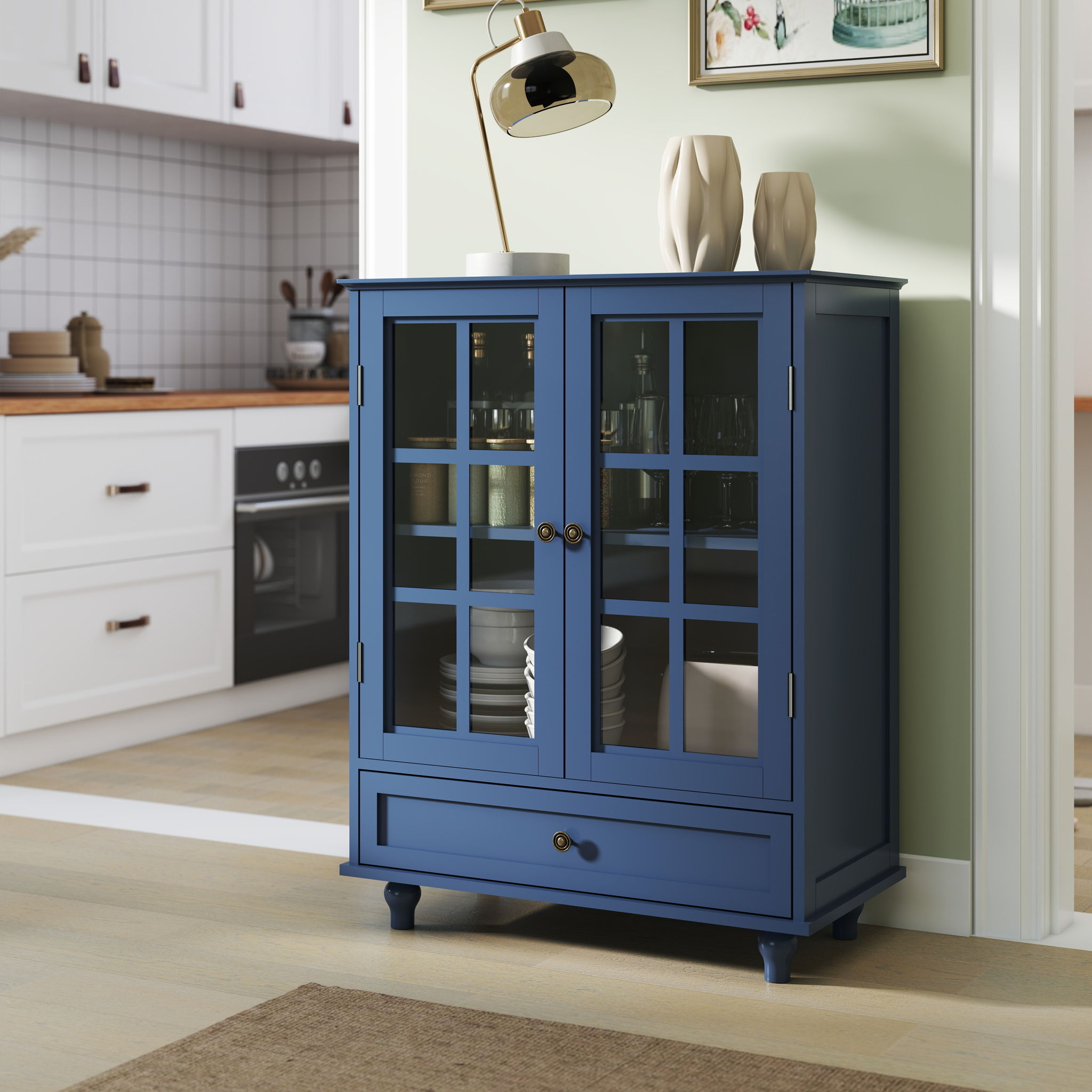 Minimalist Buffet Cabinet With Double Glass Doors And Drawer