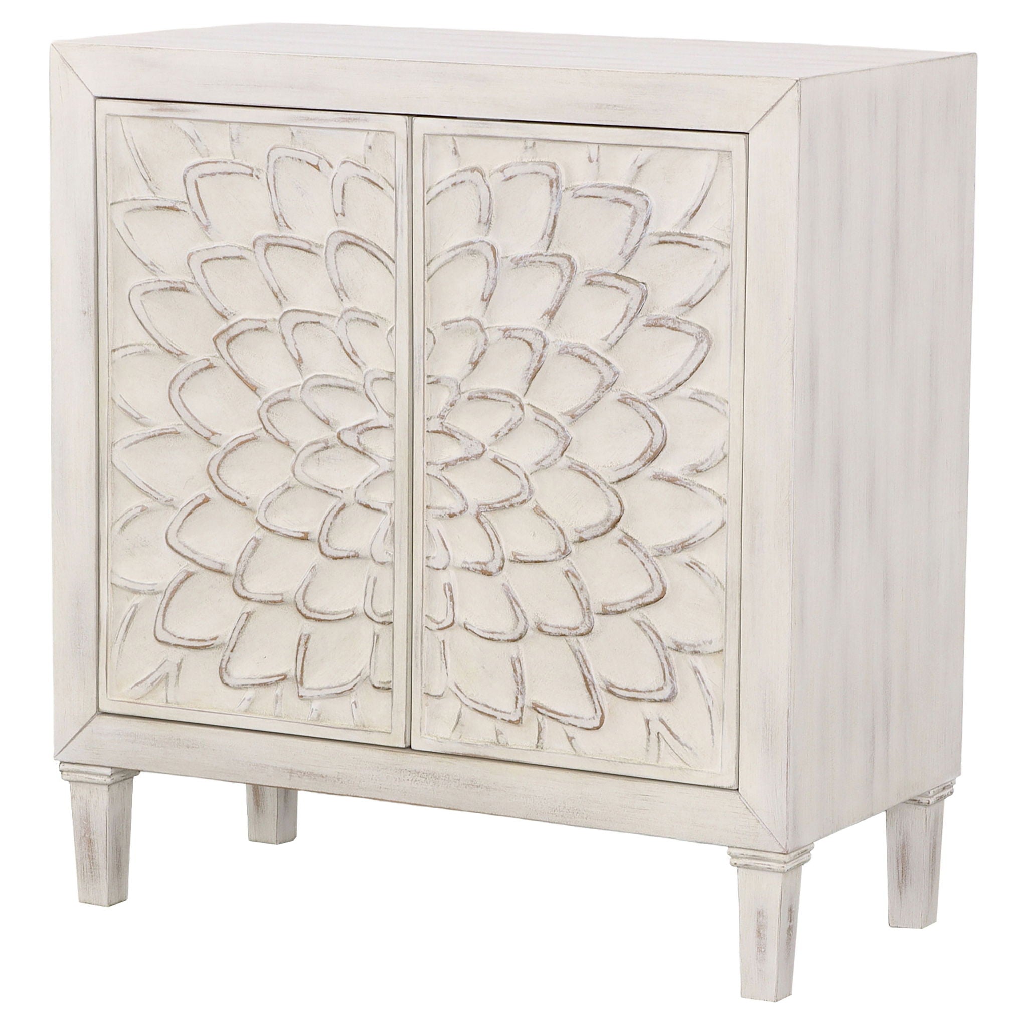 2 Door Accent Cabinet With Floral Carving Storage Furniture - White