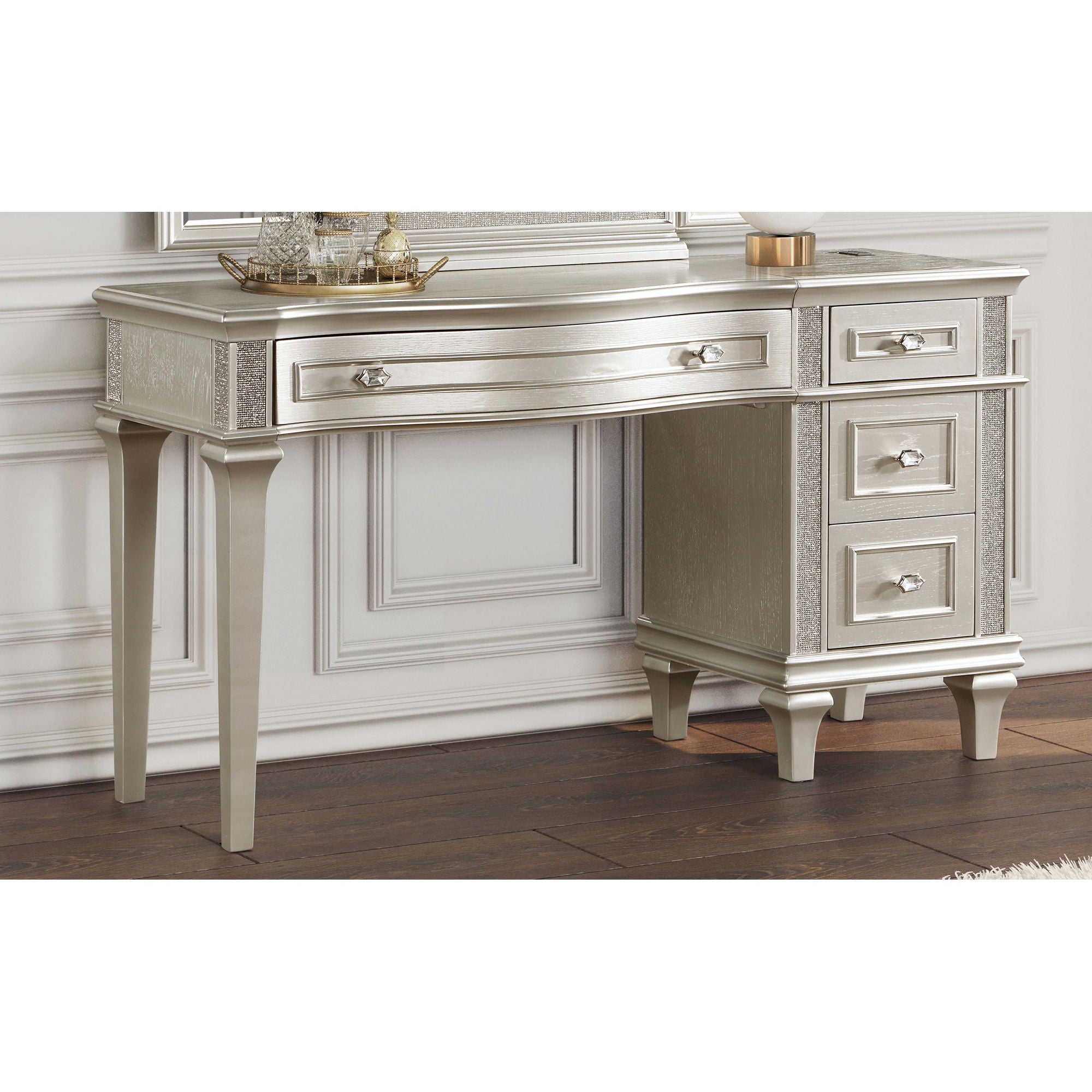 Colwood - 4 Drawer Vanity Desk With And Built In Charging - Silver Gray