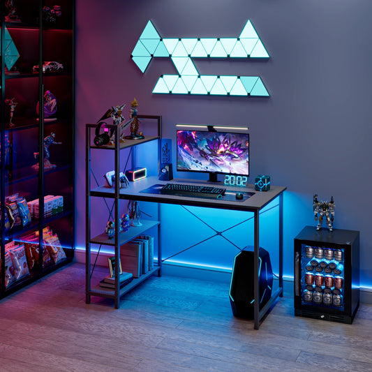 Gaming Desk with LED Lights, PC Gamer Desk for Small Spaces, Computer Desk with Reversible Storage Shelves, Carbon Fiber Black