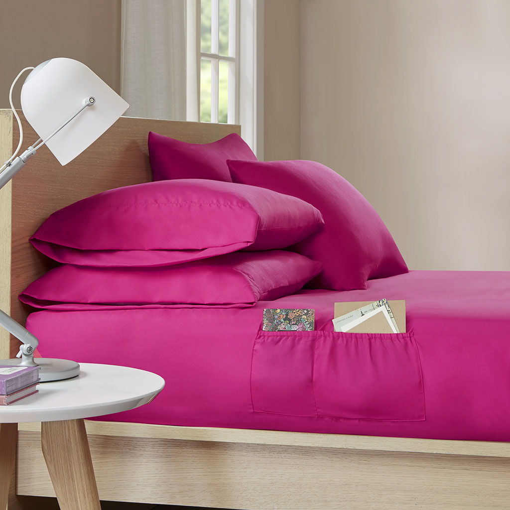 Microfiber - Twin Long Sheet Set With Side Storage Pockets - Pink