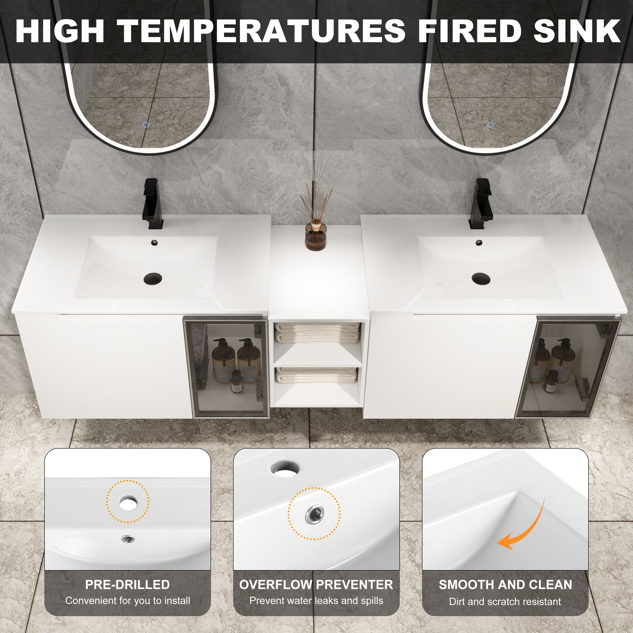 Wall Mounted Bathroom Vanity With Sink, Soft Close Doors, Cabinet & Half Door