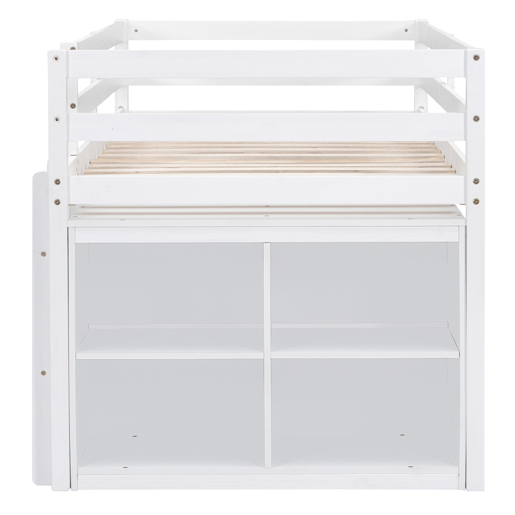 Twin Size Loft Bed with Retractable Writing Desk and 4 Drawers, Wooden Loft Bed with Lateral Portable Desk and Shelves, White