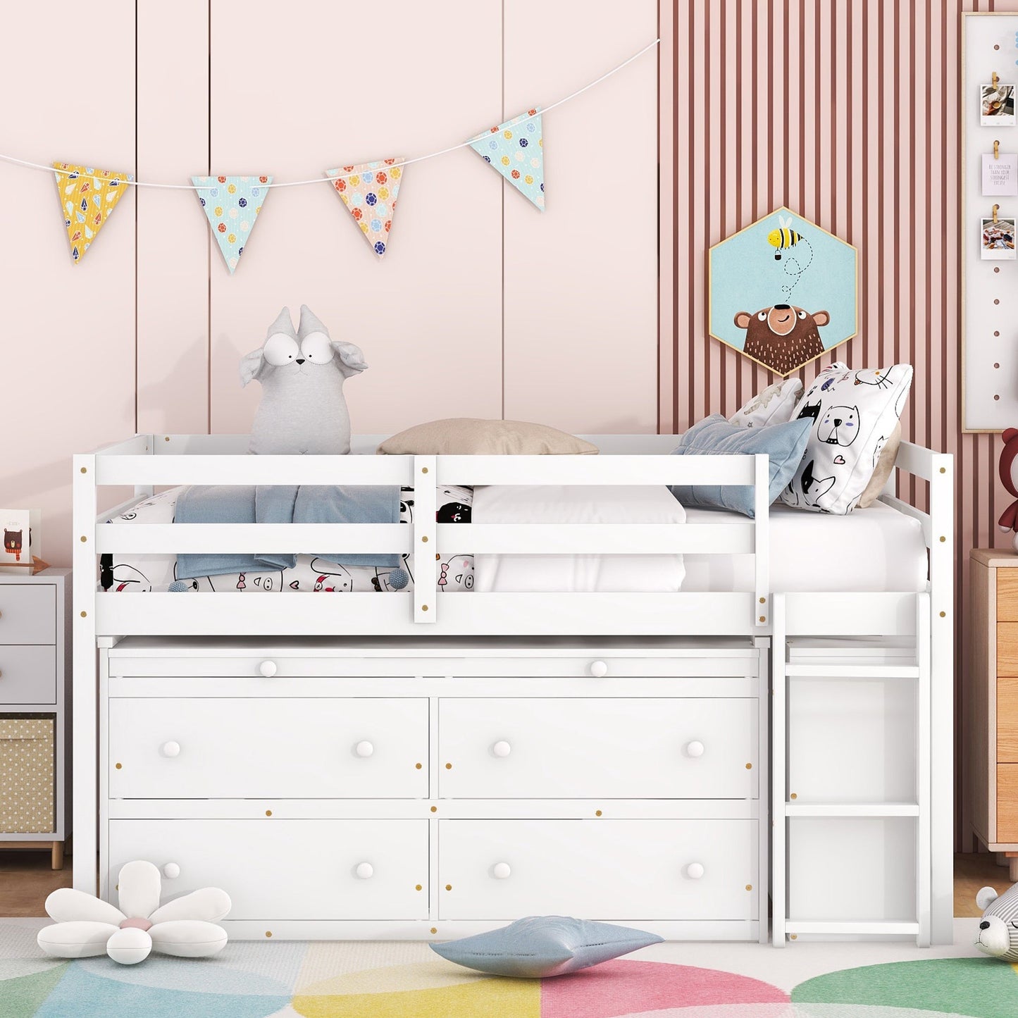 Full Size Loft Bed with Retractable Writing Desk and 4 Drawers, Wooden Loft Bed with Lateral Portable Desk and Shelves, White