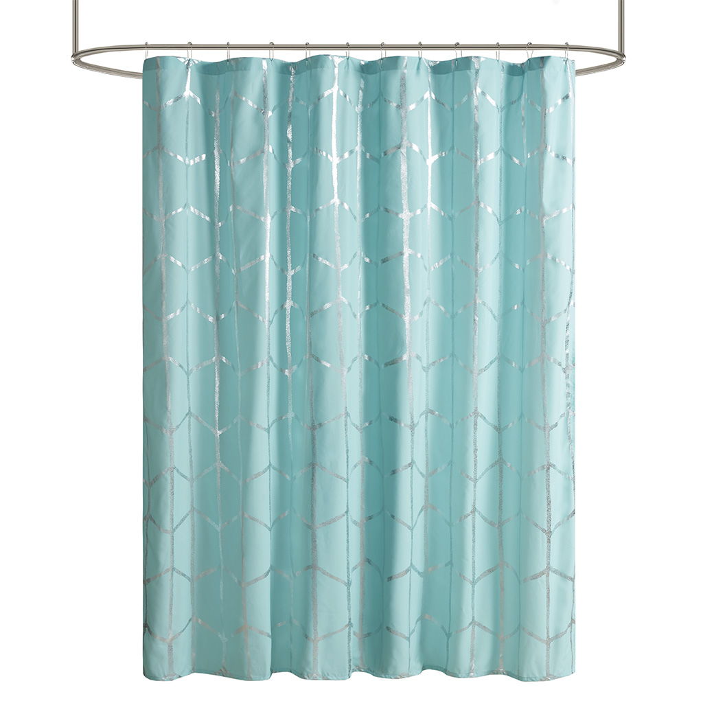 Raina - Printed Metallic Shower Curtain - Aqua / Silver