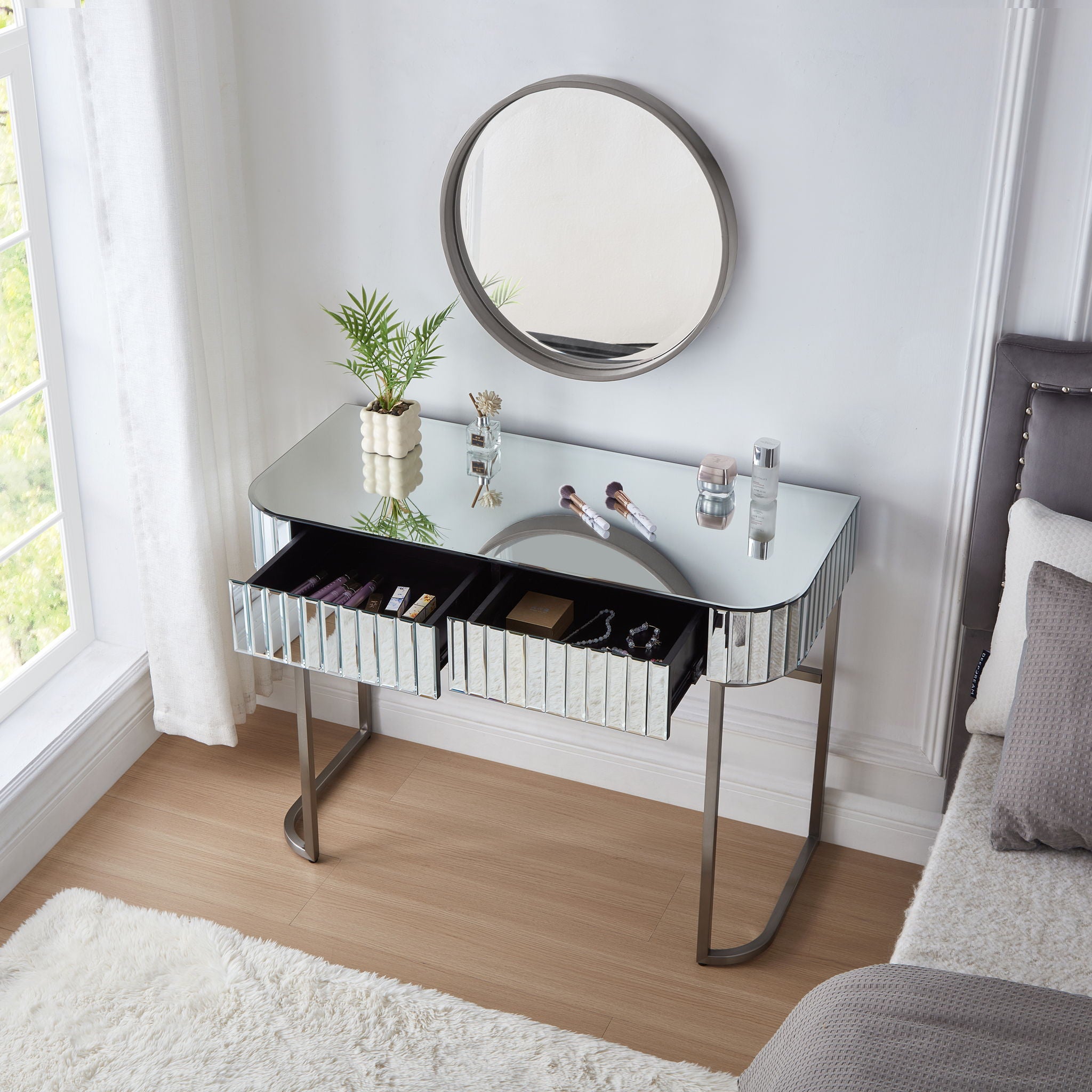 Mirrored Makeup Vanity Table With Stainless Steel Base And 2 Drawers