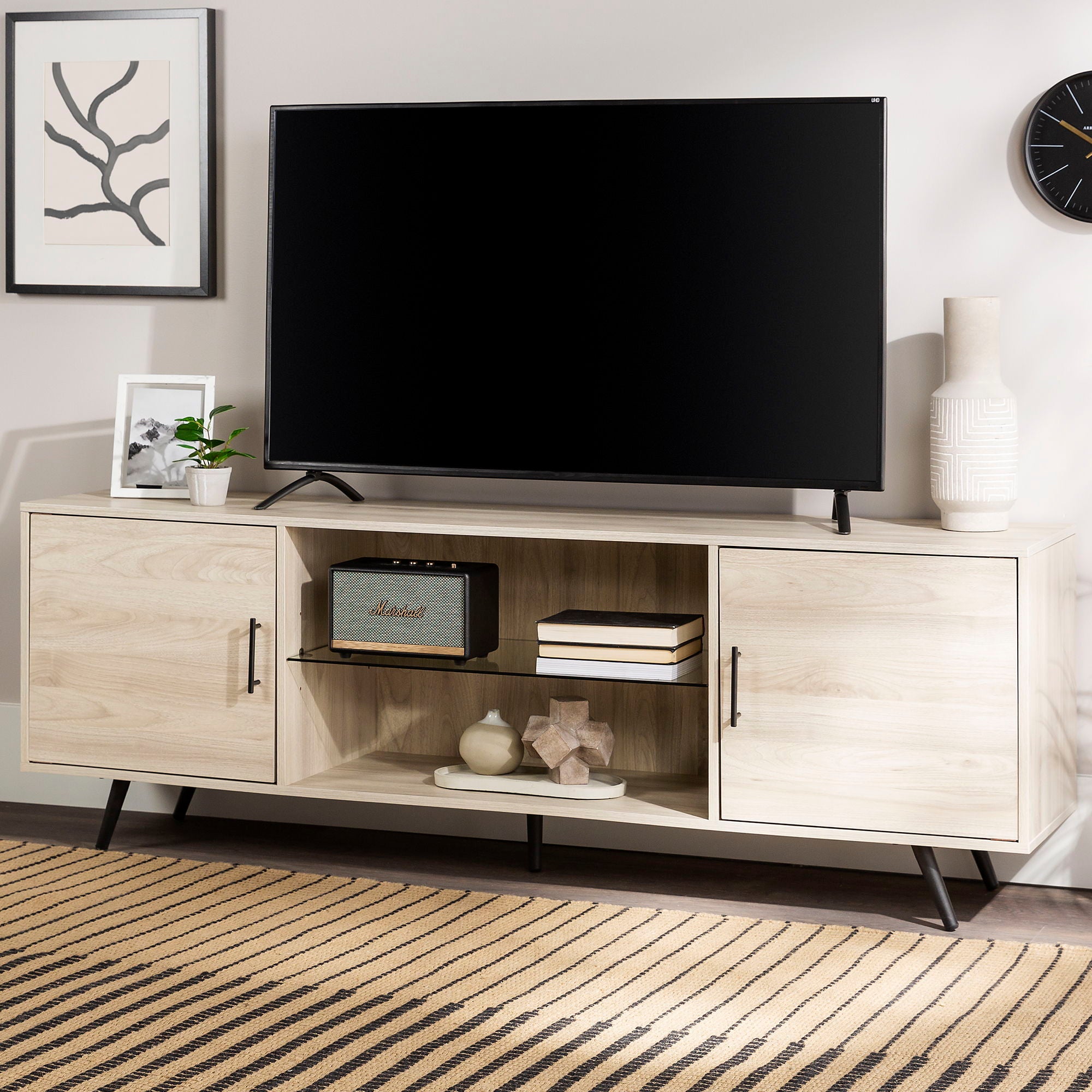 Mid-Century Modern 2 Door TV Stand With Glass Shelf