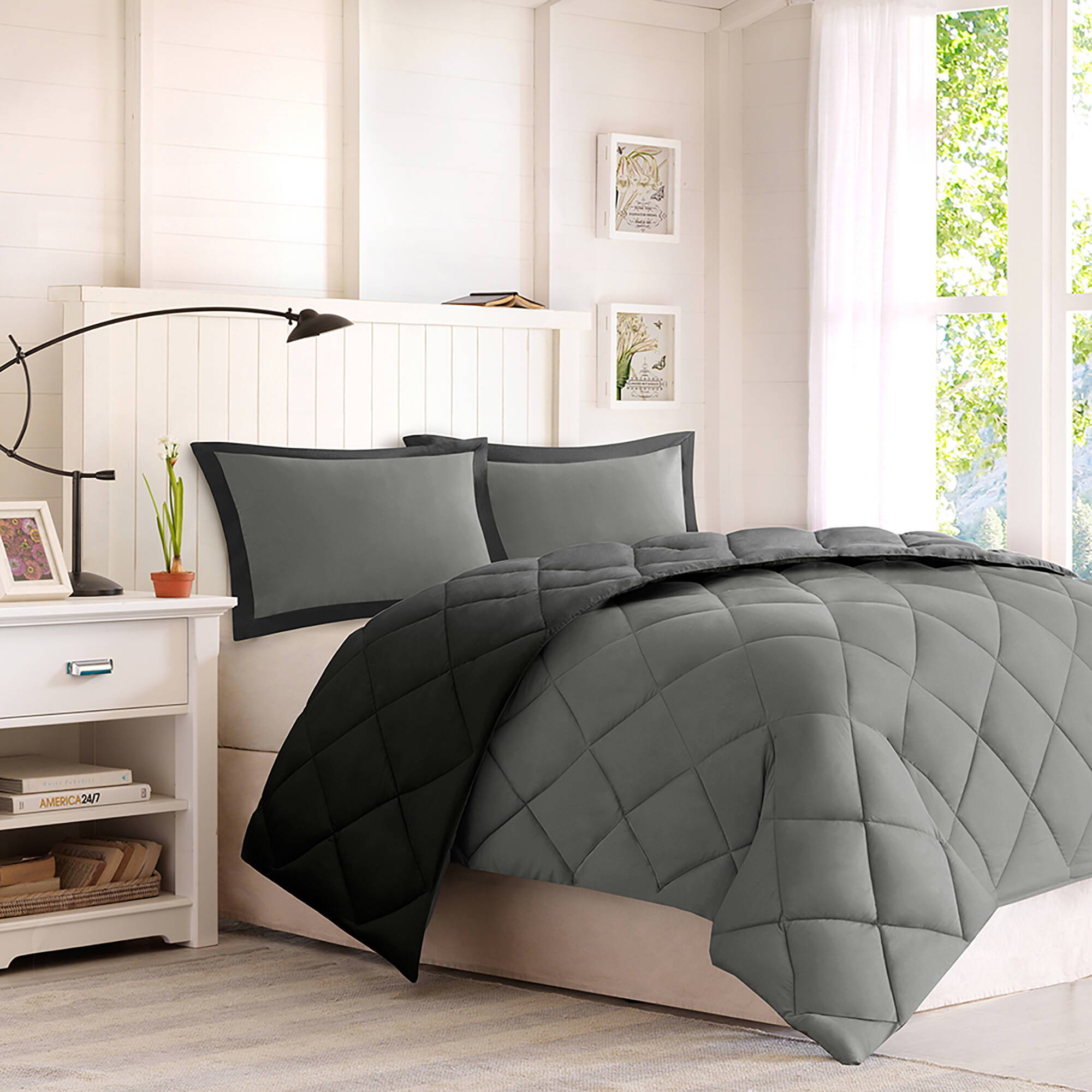 Larkspur - King 3M Scotchgard Diamond Quilting Reversible Down Alternative Comforter Set - Black / Gray