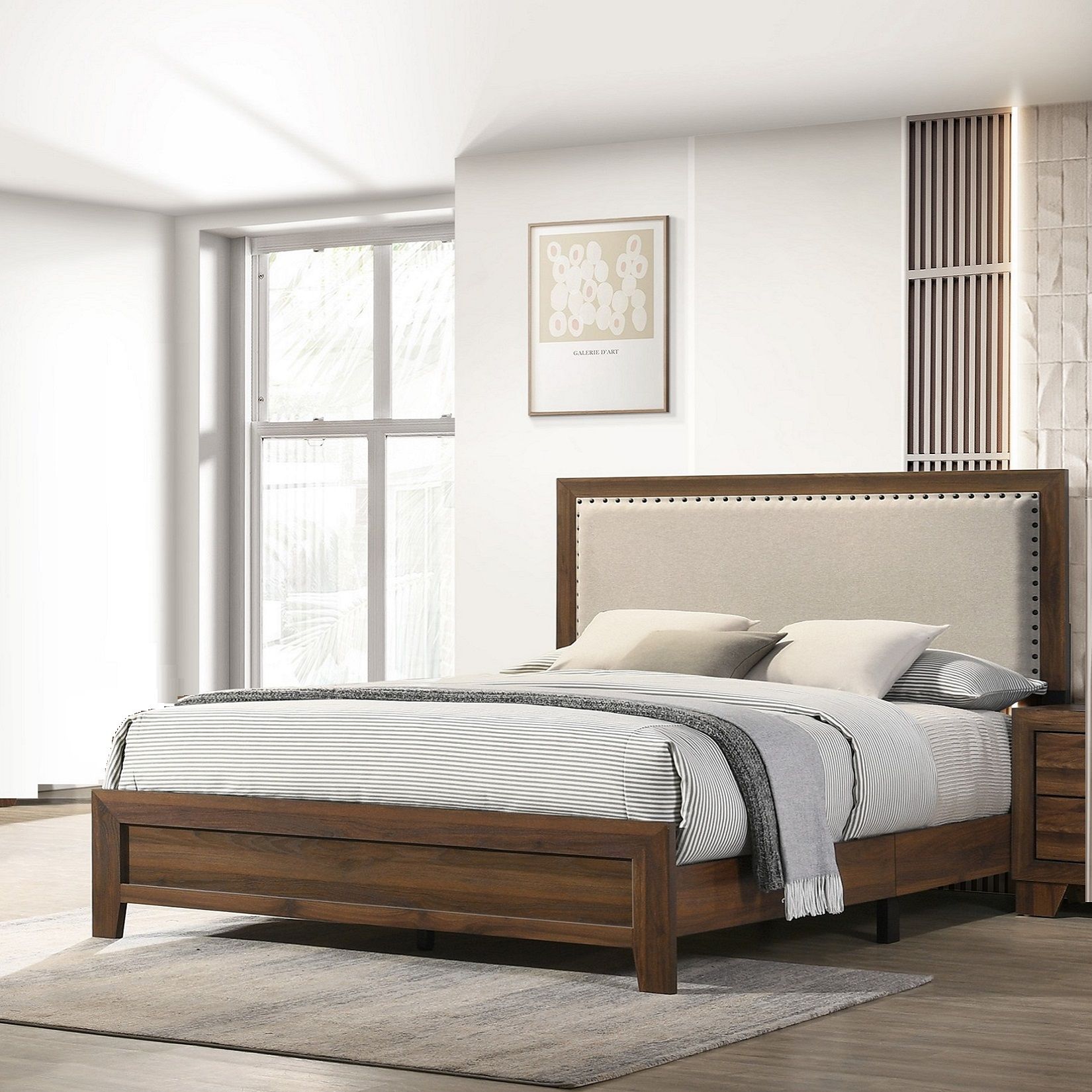 Panel Bed With Fabric Upholstered Tufted Nailhead Trim Headboard