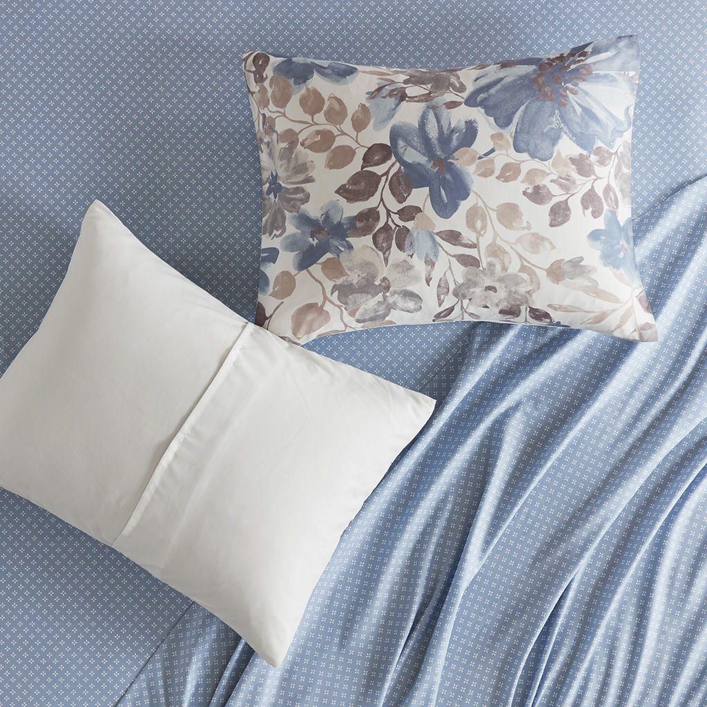 Luna - Floral Queen Comforter Set With Bed Sheets - Blue