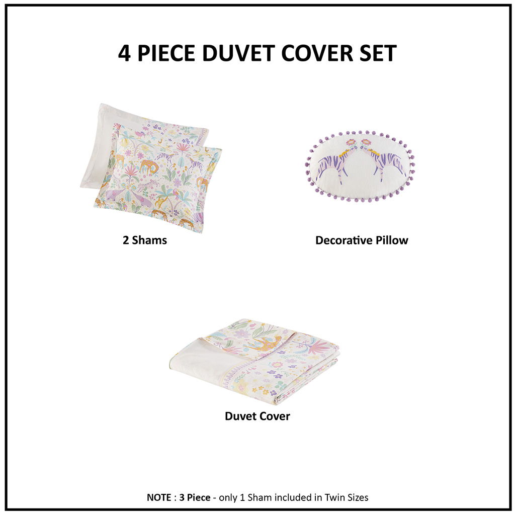Lulu - Floral Reversible Cotton Twin Duvet Cover Set With Throw Pillow - Purple