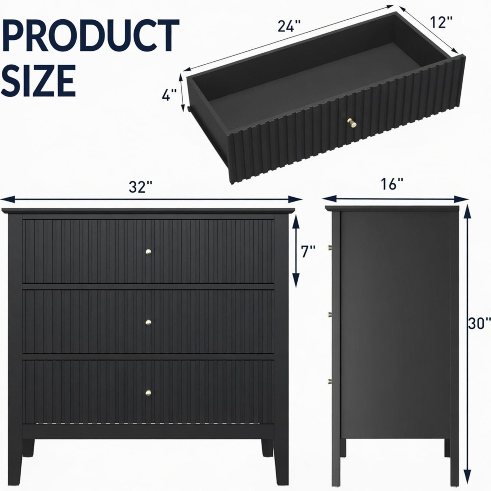 Fluted 3 Drawer Nightstand With Soft Close Slides