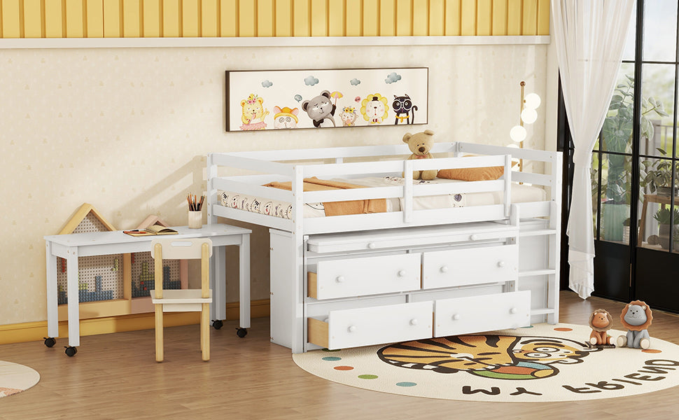 Twin Size Loft Bed with Retractable Writing Desk and 4 Drawers, Wooden Loft Bed with Lateral Portable Desk and Shelves, White