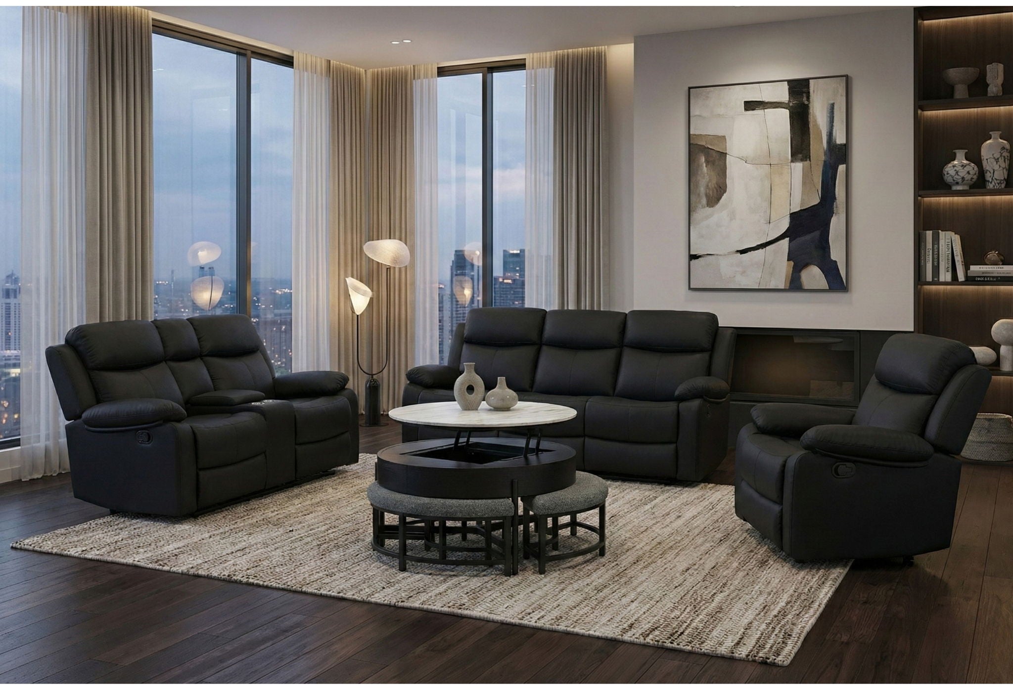 T42 - 4 Piece Living Room Set (Coffee Table With 3 Stools) - Black / Dark Grey