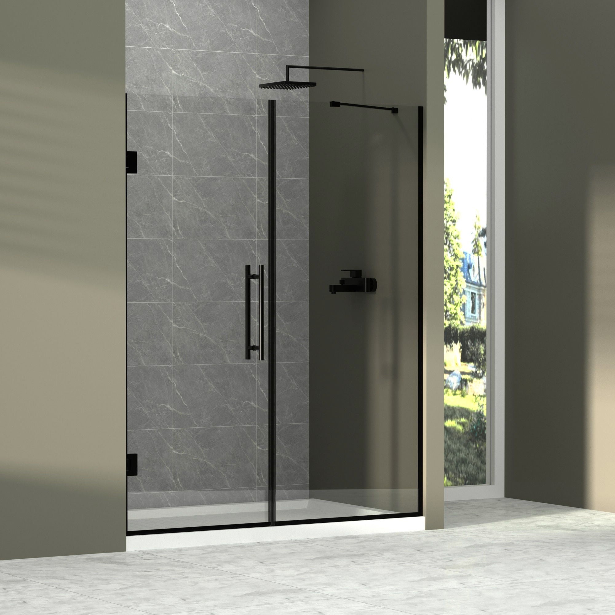 Semi-Frameless Double Hinges Shower Door In Matte , Tempered Glass, Reversible Installation - Black