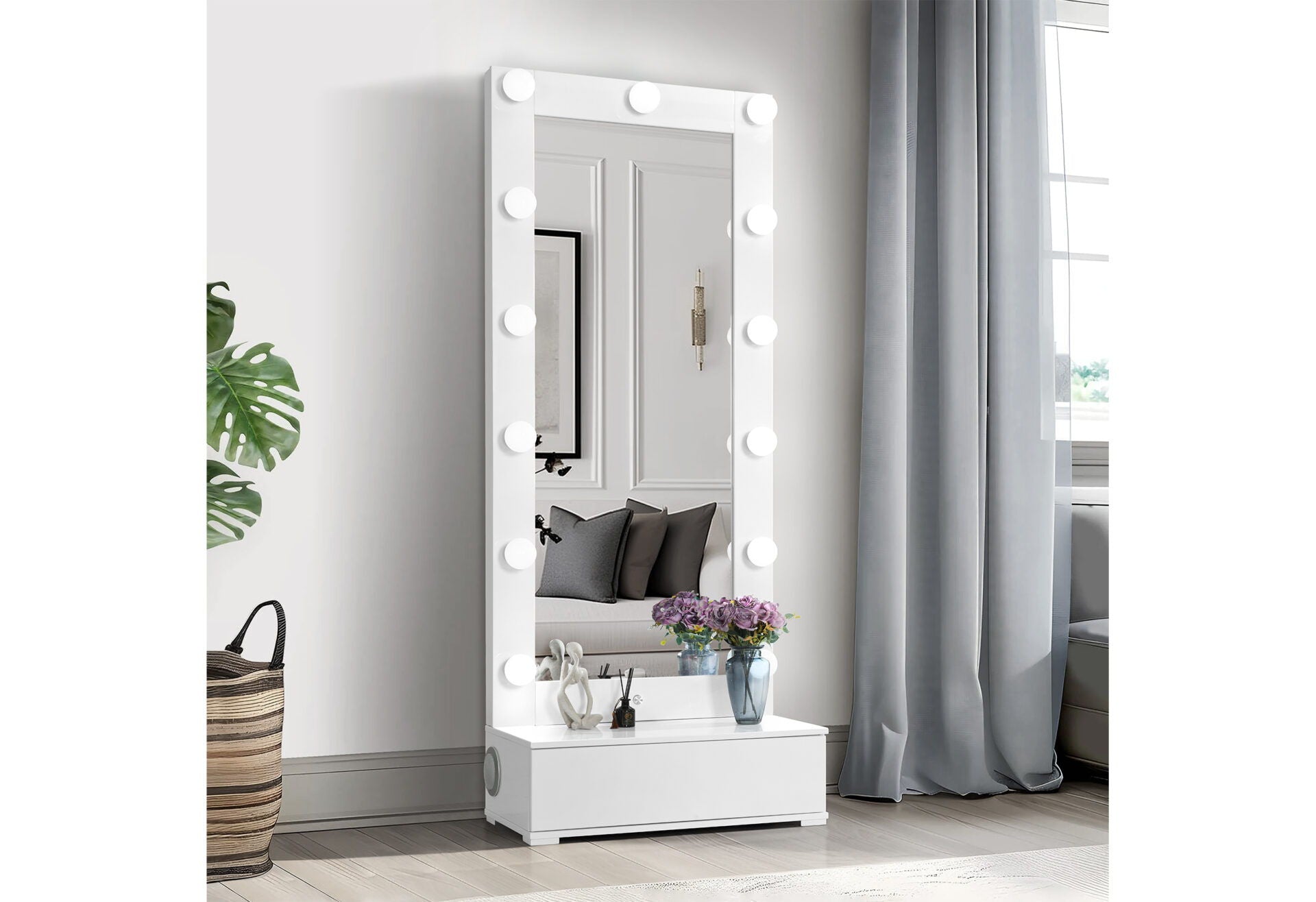 Ella - Narrow Tall Mirror With Drawer And Speakers - White