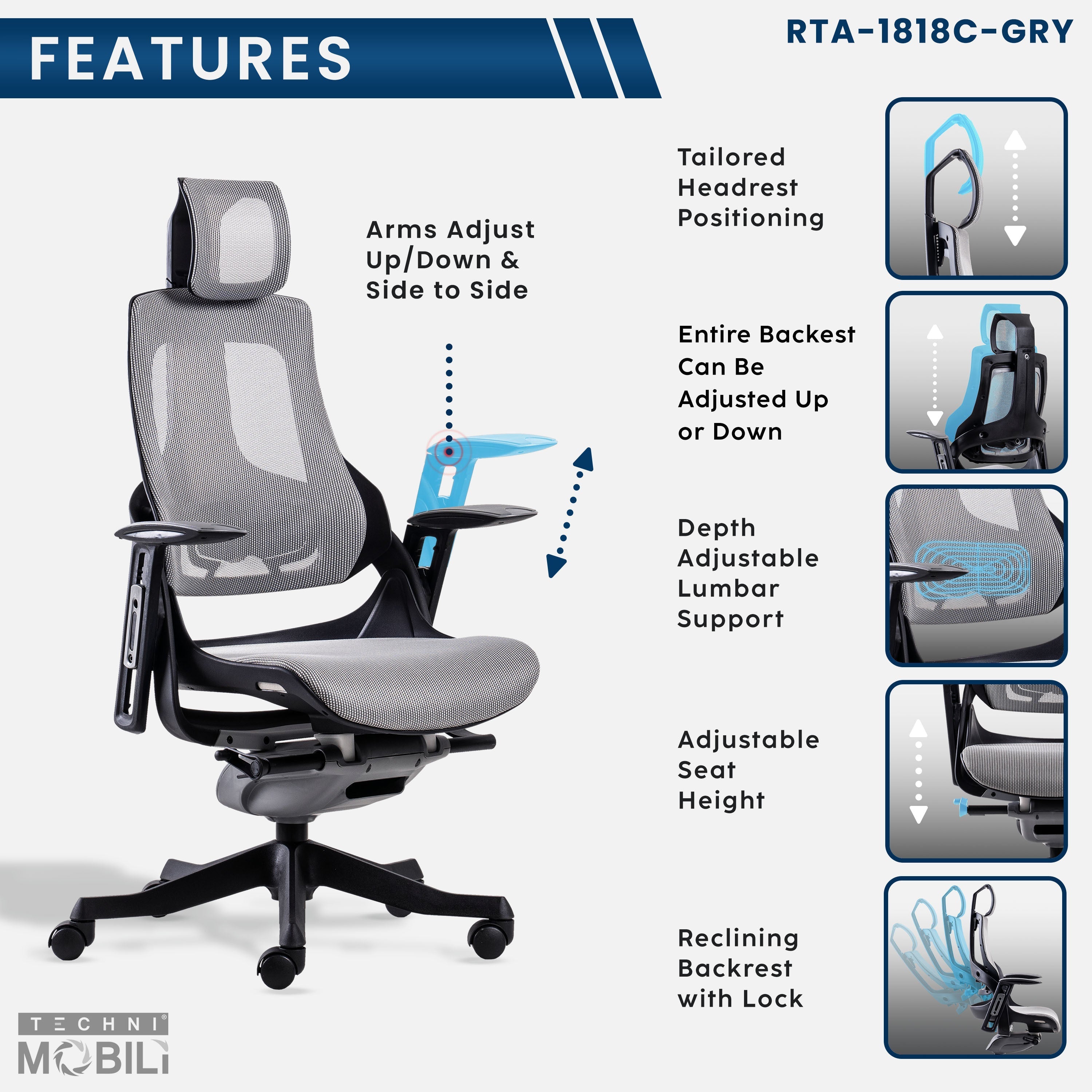 Techni Mobili LUX Ergonomic Executive Chair, Grey