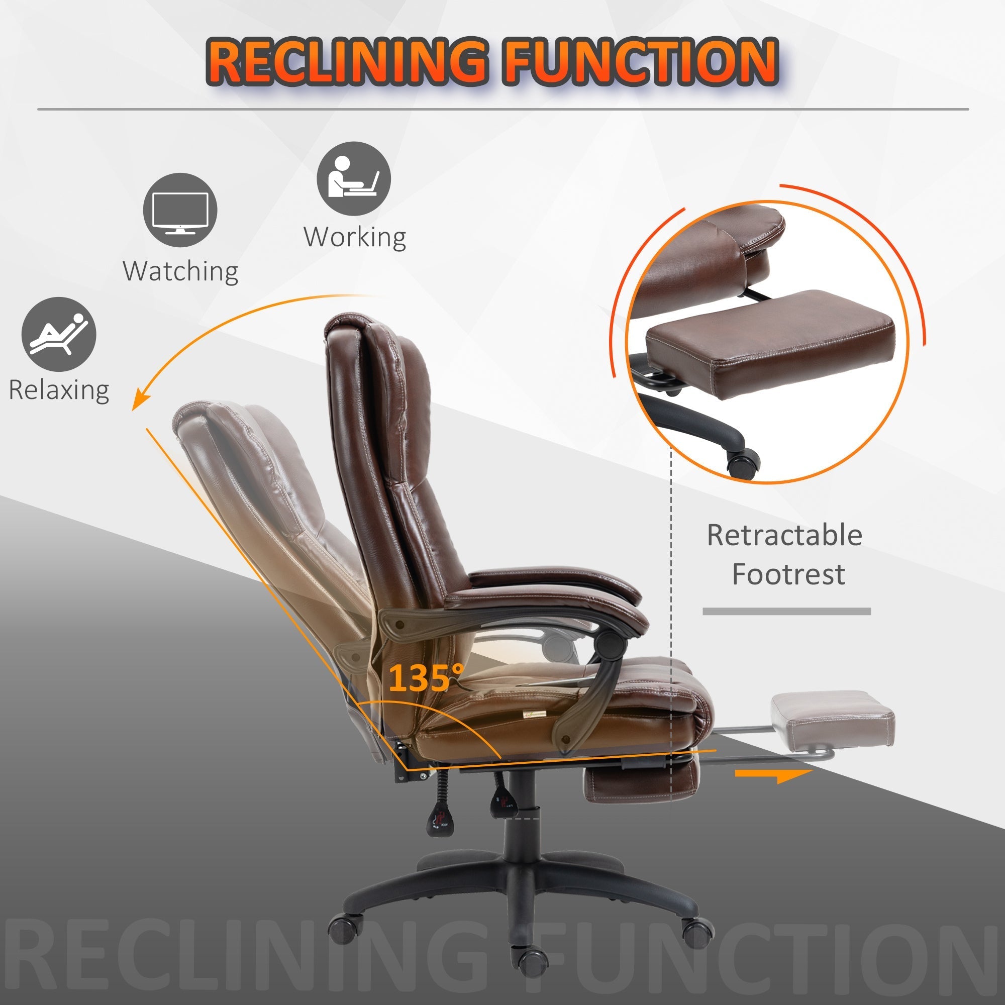 High Back Massage Office Chair with 6-Point Vibration, 5 Modes, Executive Chair, PU Leather Swivel Chair with Reclining Back, and Retractable Footrest, Brown