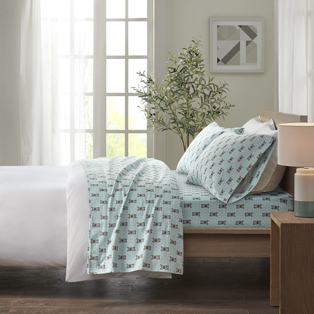 Cozy Flannel - Printed Sheet Set - Aqua French Bulldog