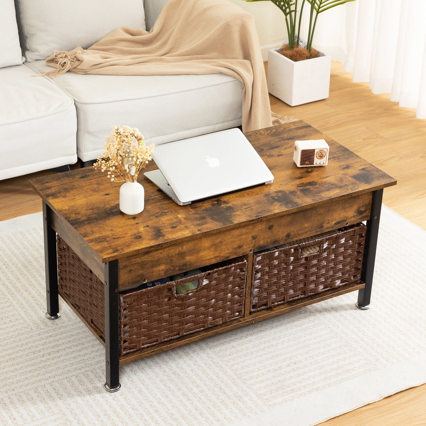 Metal coffee table,desk,with a lifting table,and hidden storage space.There were two removable wicker baskets that could be placed in any space such as the living room,color:brown with fire wood grain