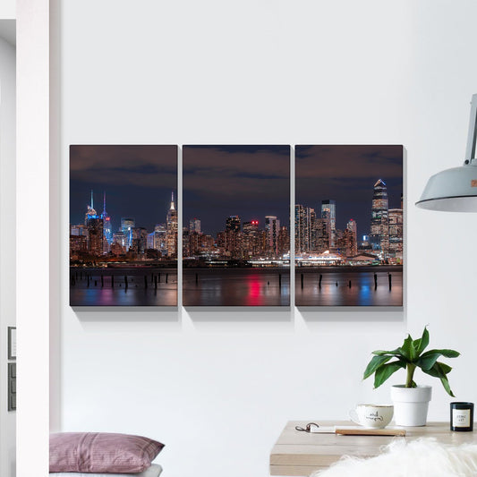 3 panels Framed Canvas City Night Scape Wall Art Decor,3 Pieces  Mordern Canvas Painting Decoration Painting for Chrismas Gift, Office,Dining room,Living room, Bathroom, Bedroom Decor-Ready to Hang
