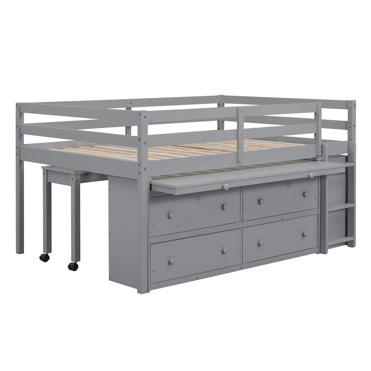 Full Size Loft Bed with Retractable Writing Desk and 4 Drawers, Wooden Loft Bed with Lateral Portable Desk and Shelves, Gray