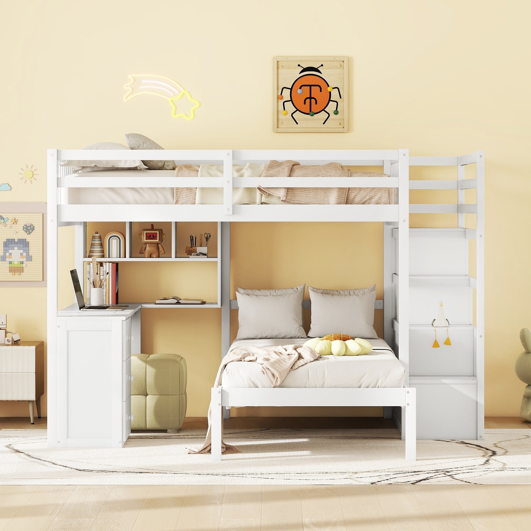 Full Over Twin Bunk Bed with Desk, Drawers and Shelves, White