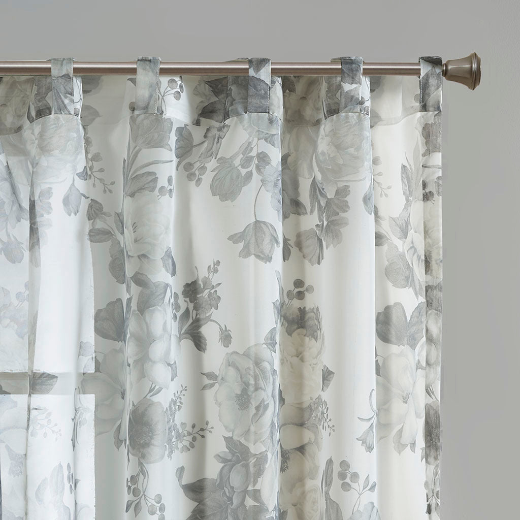 Printed Floral Rod Pocket and Back Tab Voile Sheer Curtain