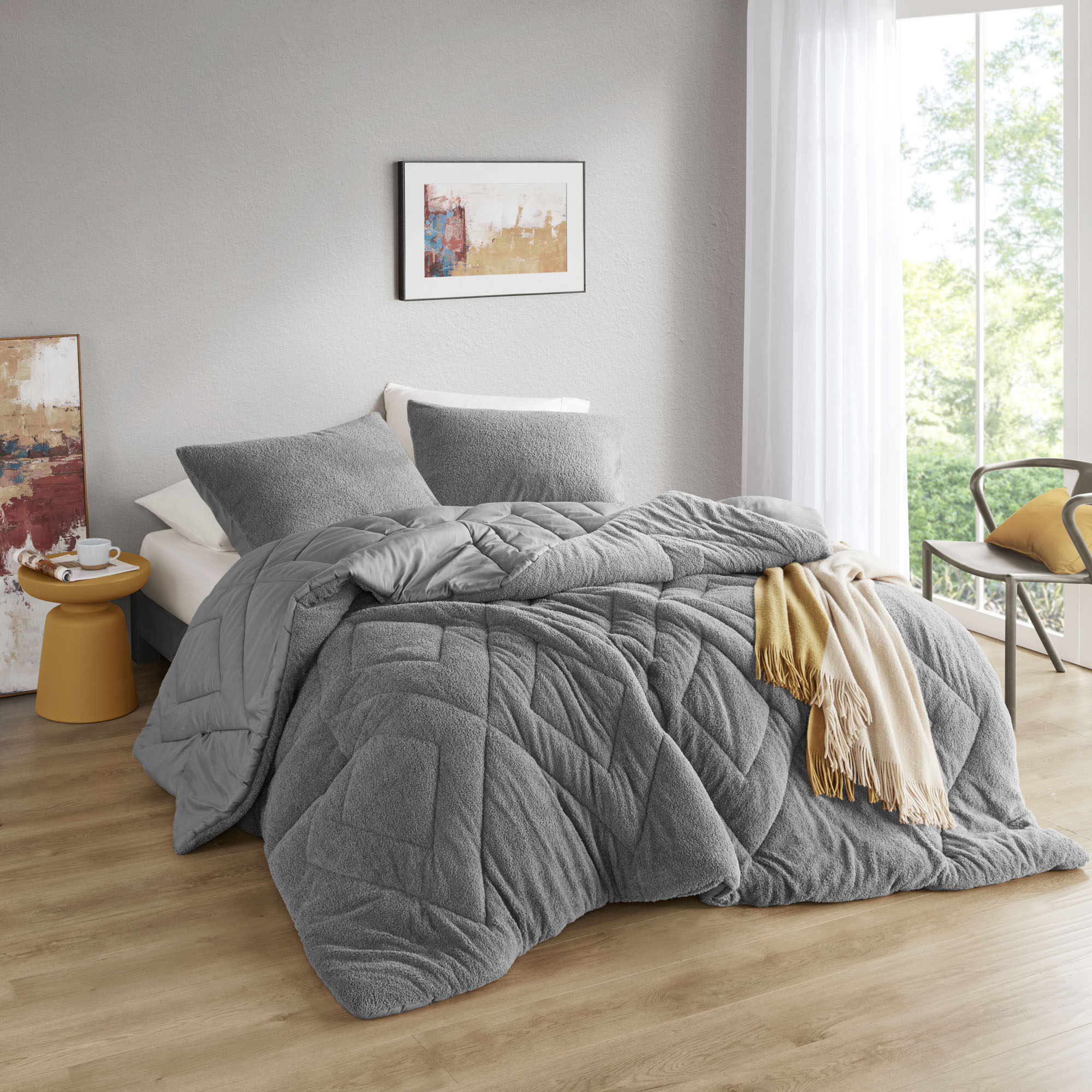 Kyla - Twin/Twin Long Double Diamond Quilted Teddy Comforter Set - Gray