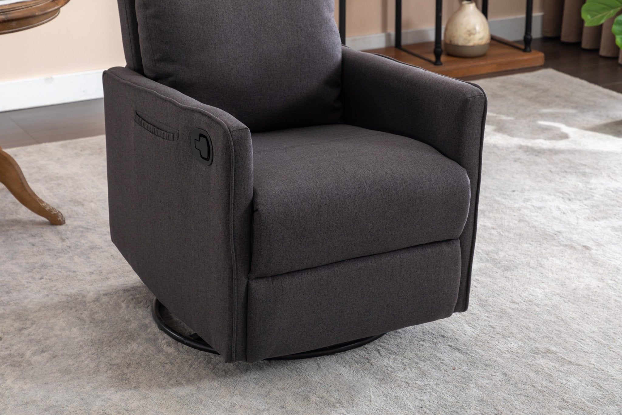 038-Cotton Linen Fabric Swivel Rocking Chair Glider Rocker Recliner Nursery Chair With Adjustable Back And Footrest For Living Room Indoor,Dark Gray