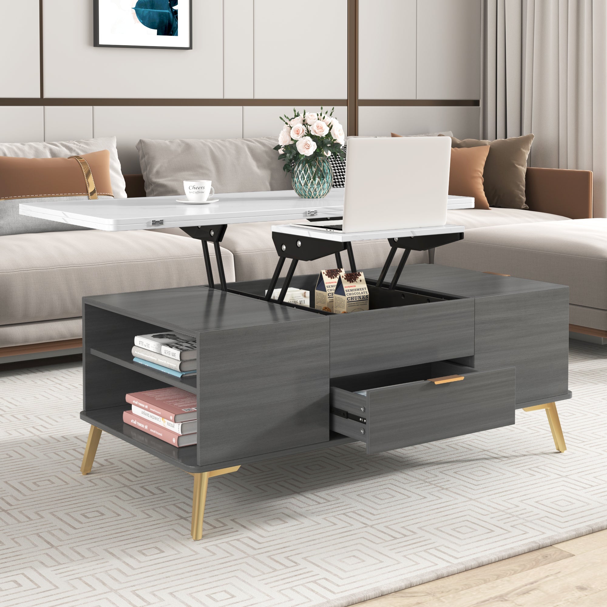 Modern Lift Top Coffee Table Multi Functional Table with Drawers in Gray & White