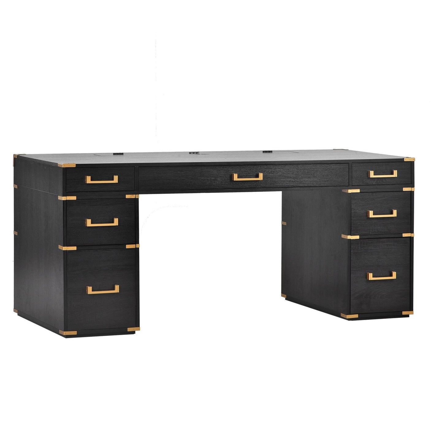 70"Classic and Traditional Executive Desk with Metal Edge Trim ,Writing Desk with 2 file drawers,USB Ports and Outlets,Desk with Hidden Compartment for Living Room,Home Office,Study Room,Black