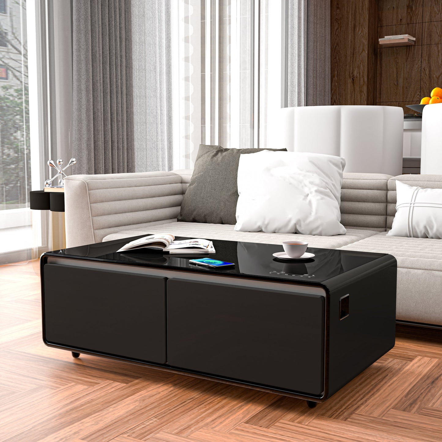 Modern Smart Coffee Table with Built-in Fridge, Bluetooth Speaker, Wireless Charging Module, Touch Control Panel, Power Socket, USB Interface, Outlet Protection, Atmosphere light, Black