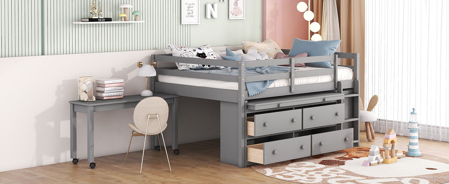 Full Size Loft Bed with Retractable Writing Desk and 4 Drawers, Wooden Loft Bed with Lateral Portable Desk and Shelves, Gray