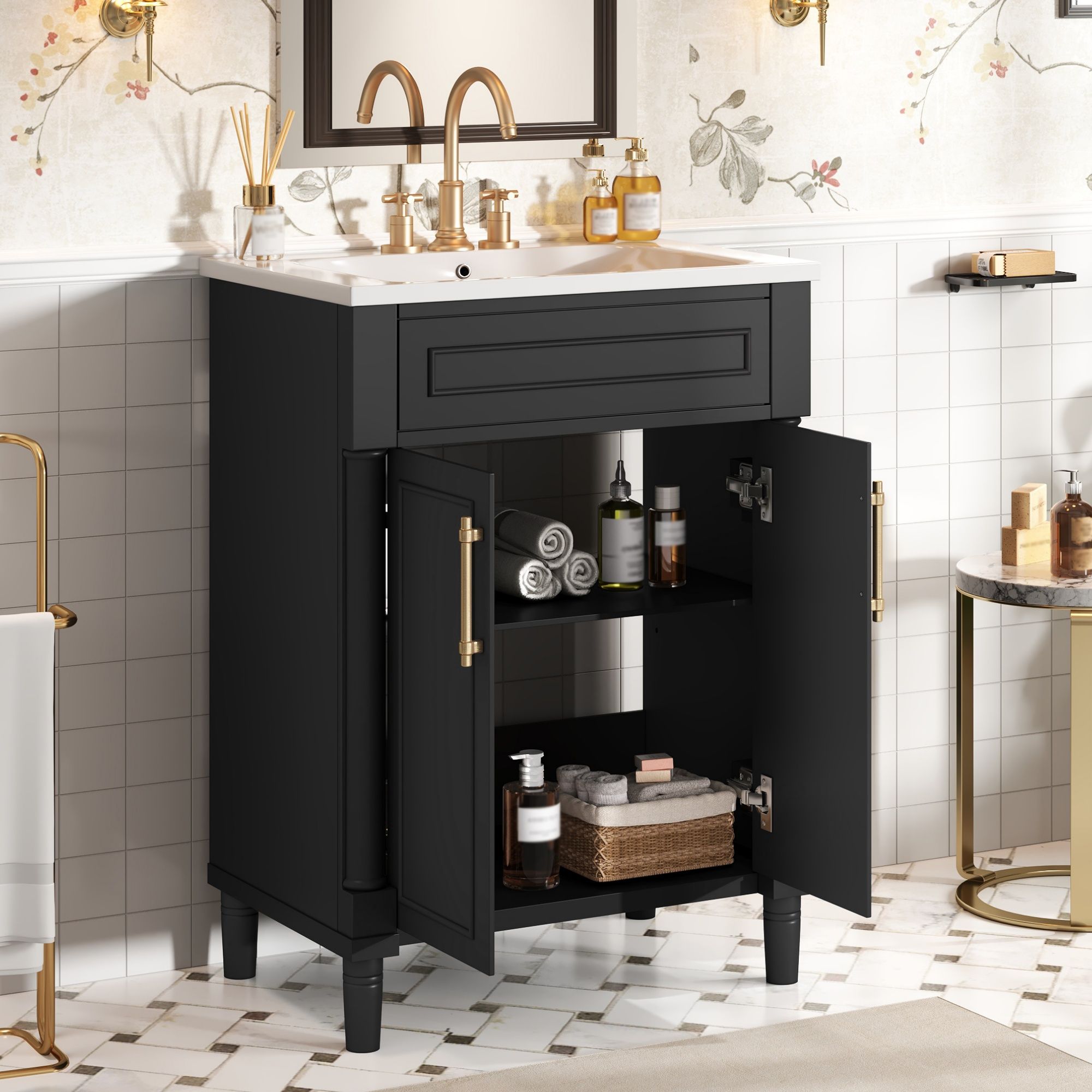 Bathroom Vanity With Integrated Sink, 2 Door Cabinet, Single Sink For Small To Medium Bathrooms