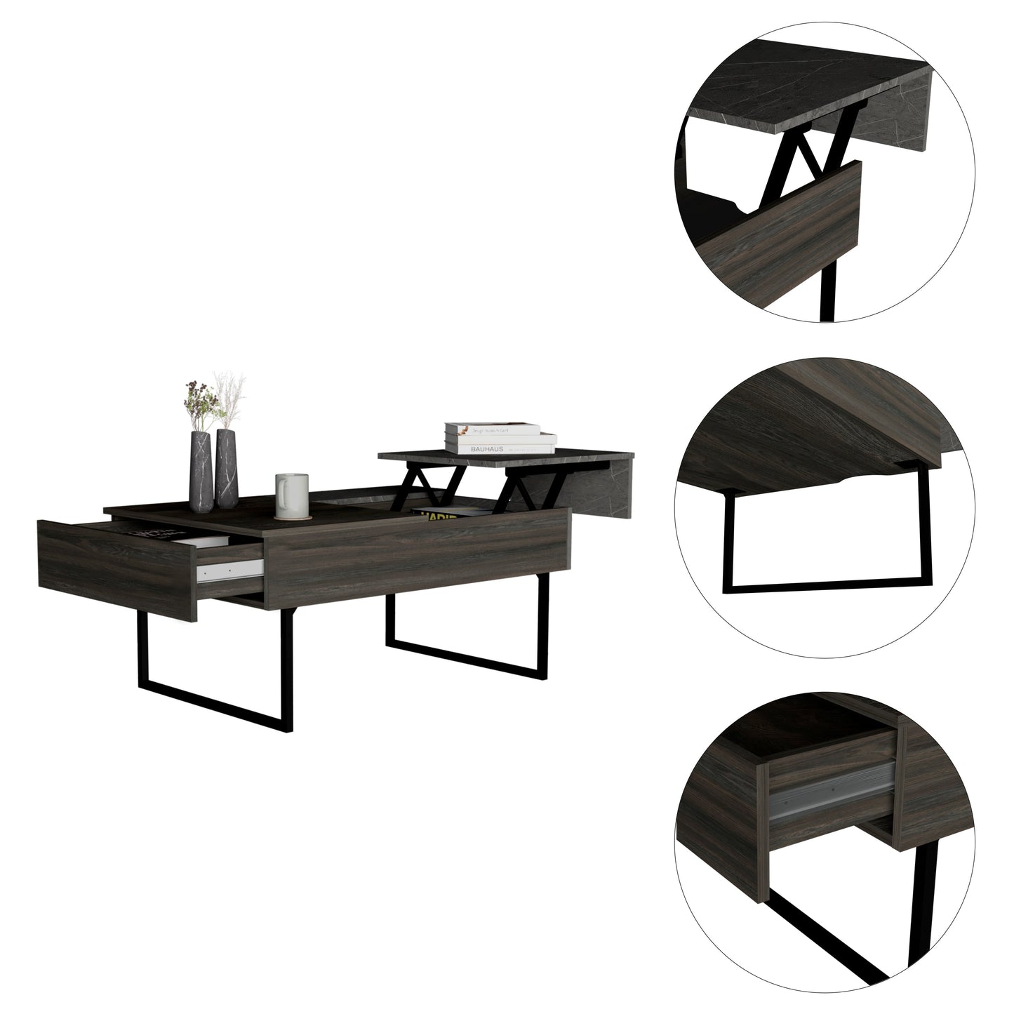 Lift Top Coffee Table 2 Dazza, One Drawer, Carbon Espresso / Onyx Finish