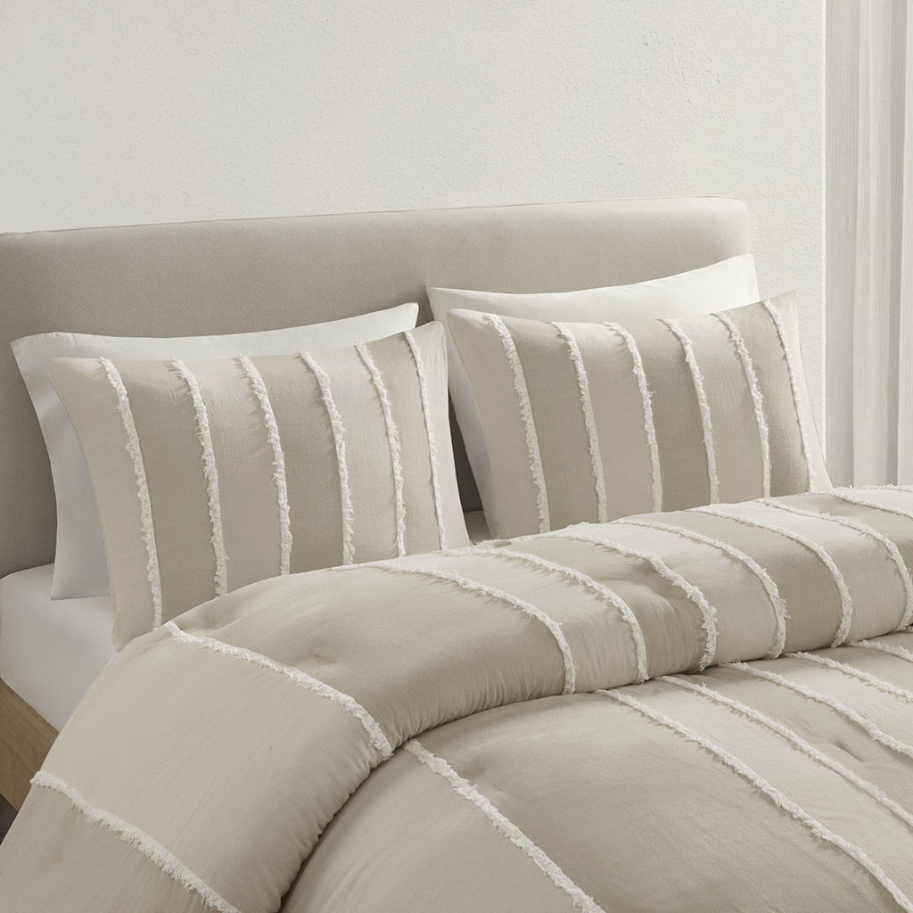 Shay - 3 Piece Striped Cotton Comforter Set - Beige