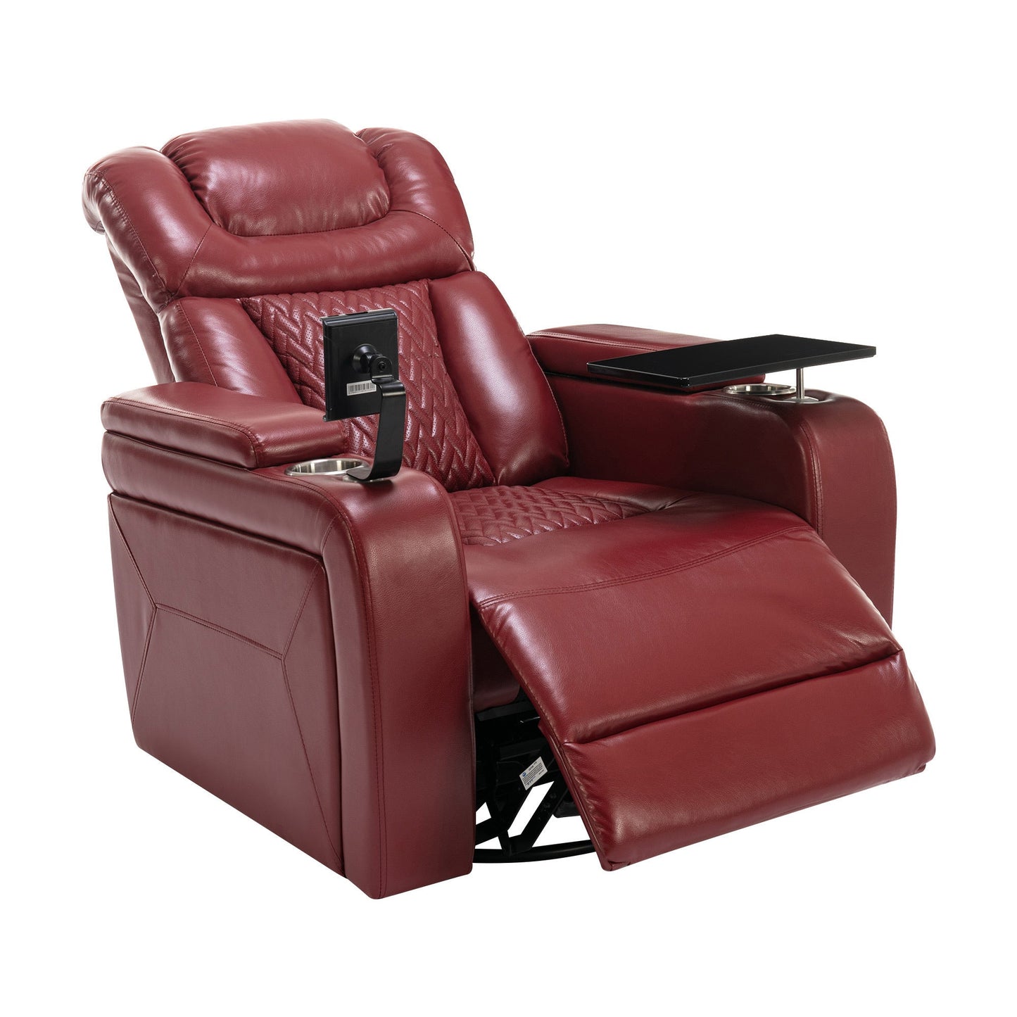 270 Degree Swivel PU Leather Power Recliner Individual Seat Home Theater Recliner with  Comforable Backrest, Tray Table,  Phone Holder, Cup Holder,  USB Port, Hidden Arm Storage for Living Room, Red