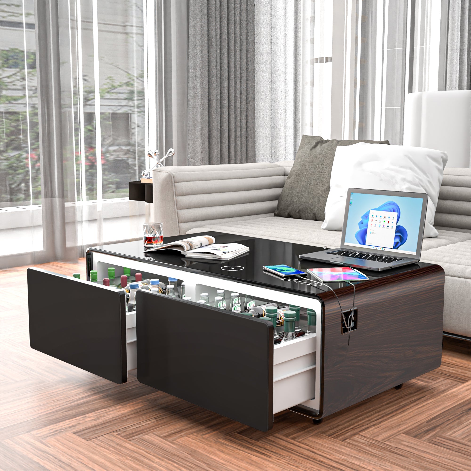 Modern Smart Coffee Table with Built-in Fridge, Bluetooth Speaker, Wireless Charging Module, Touch Control Panel, Power Socket, USB Interface, Outlet Protection, Atmosphere light, and More, Brown