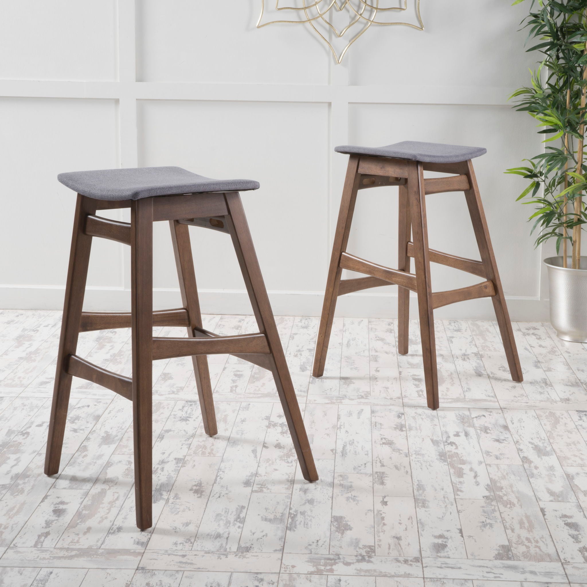 Mid Century Modern Bar Stool Set With Upholstered Seating
