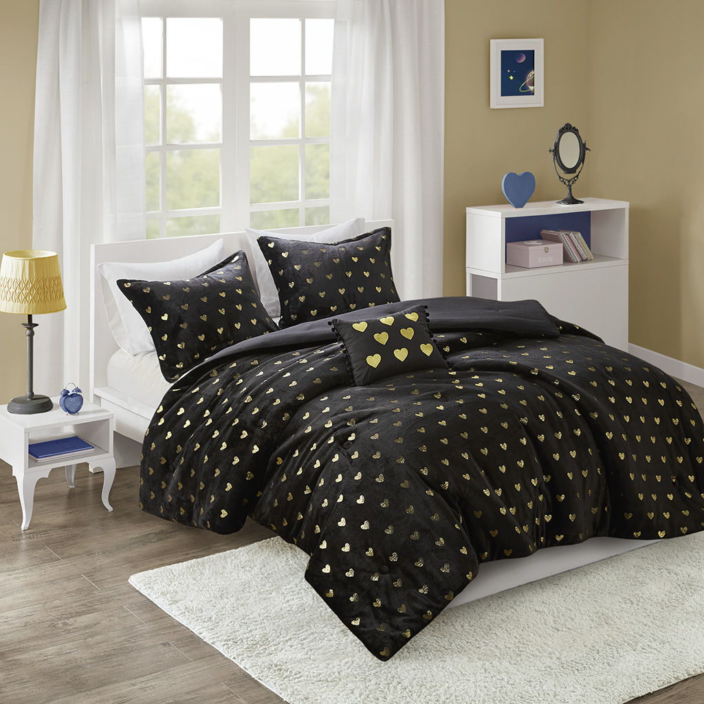 Rosalie - 4 Piece Full/Queen Metallic Printed Plush Comforter Set With Throw Pillow - Black/Gold
