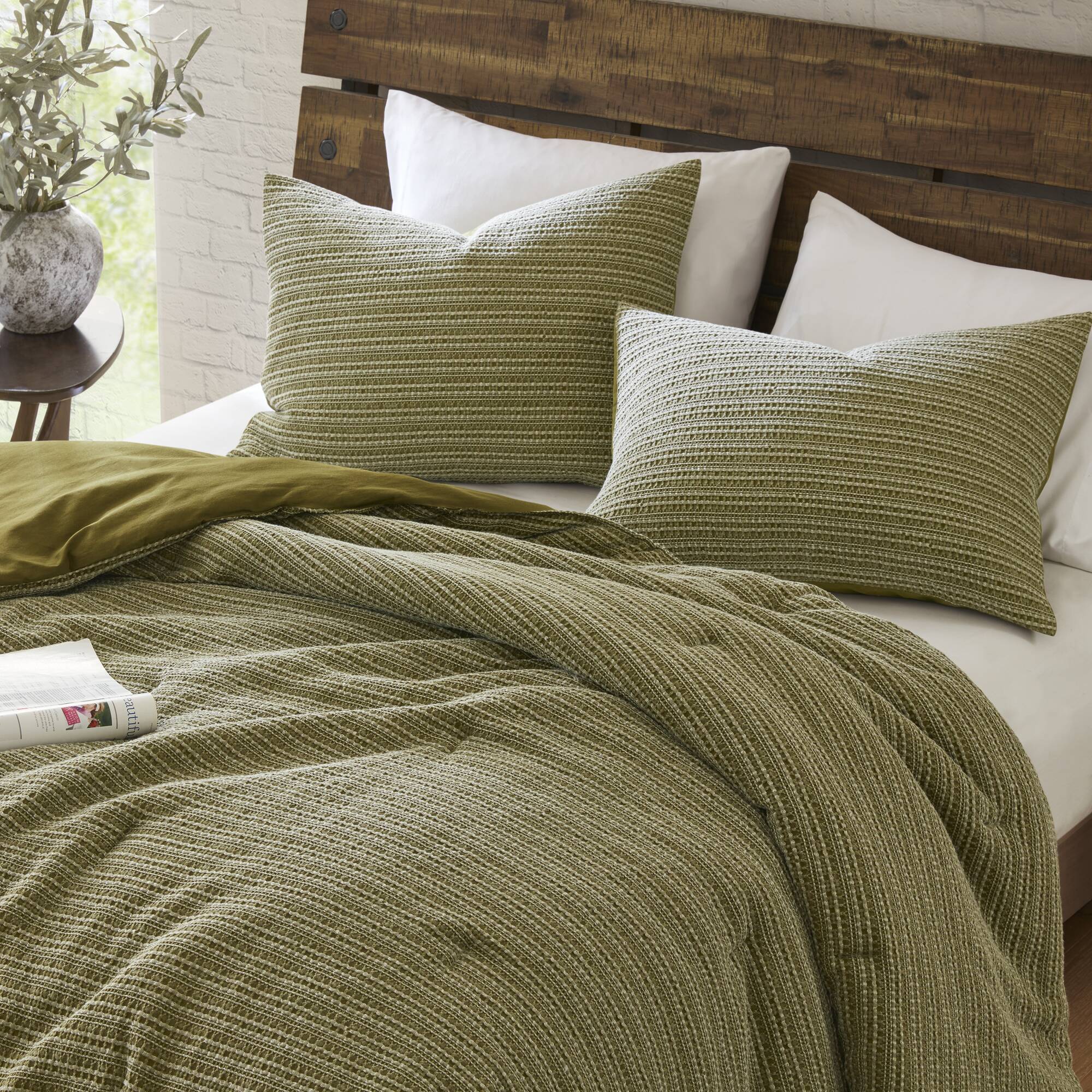 Lyon - 3 Piece King/California King Waffle Washed Comforter Set - Green