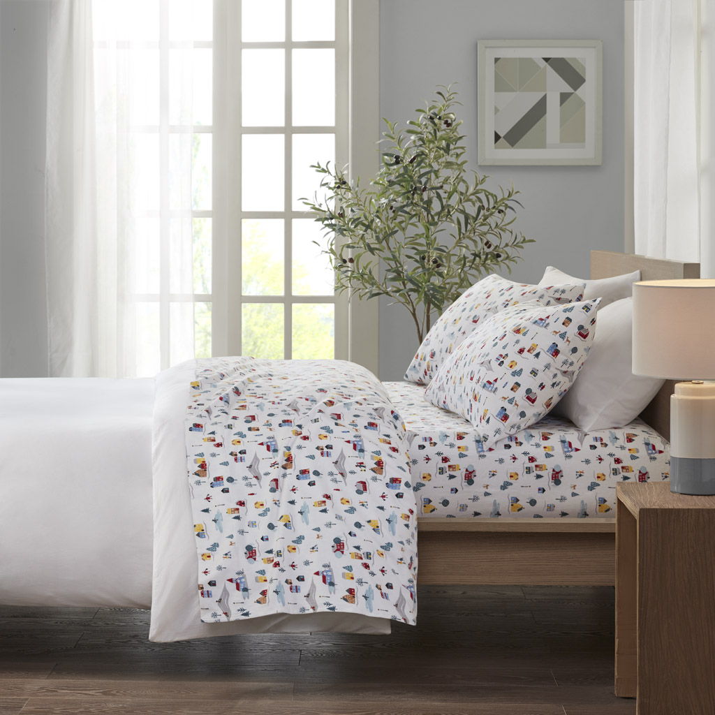 Cozy Flannel - 4 Piece King Printed Sheet Set - White Village Print