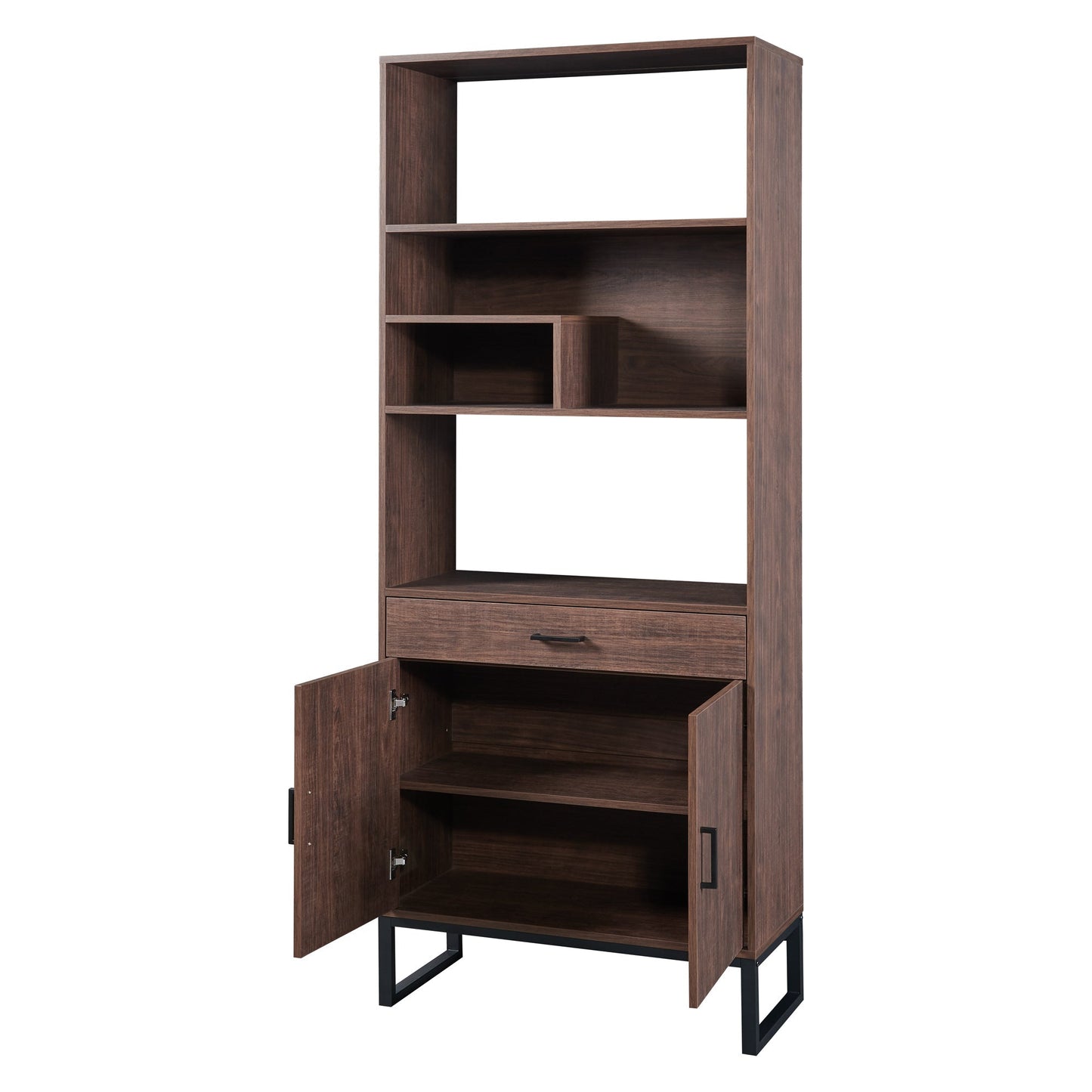 75.9"Modern Open Bookshelf with Doors, Bookcase with Storage drawer and LED Strip Lights,Free Standing Display Rack,Wooden Tall Bookshelf for Living Room and Office, Walnut