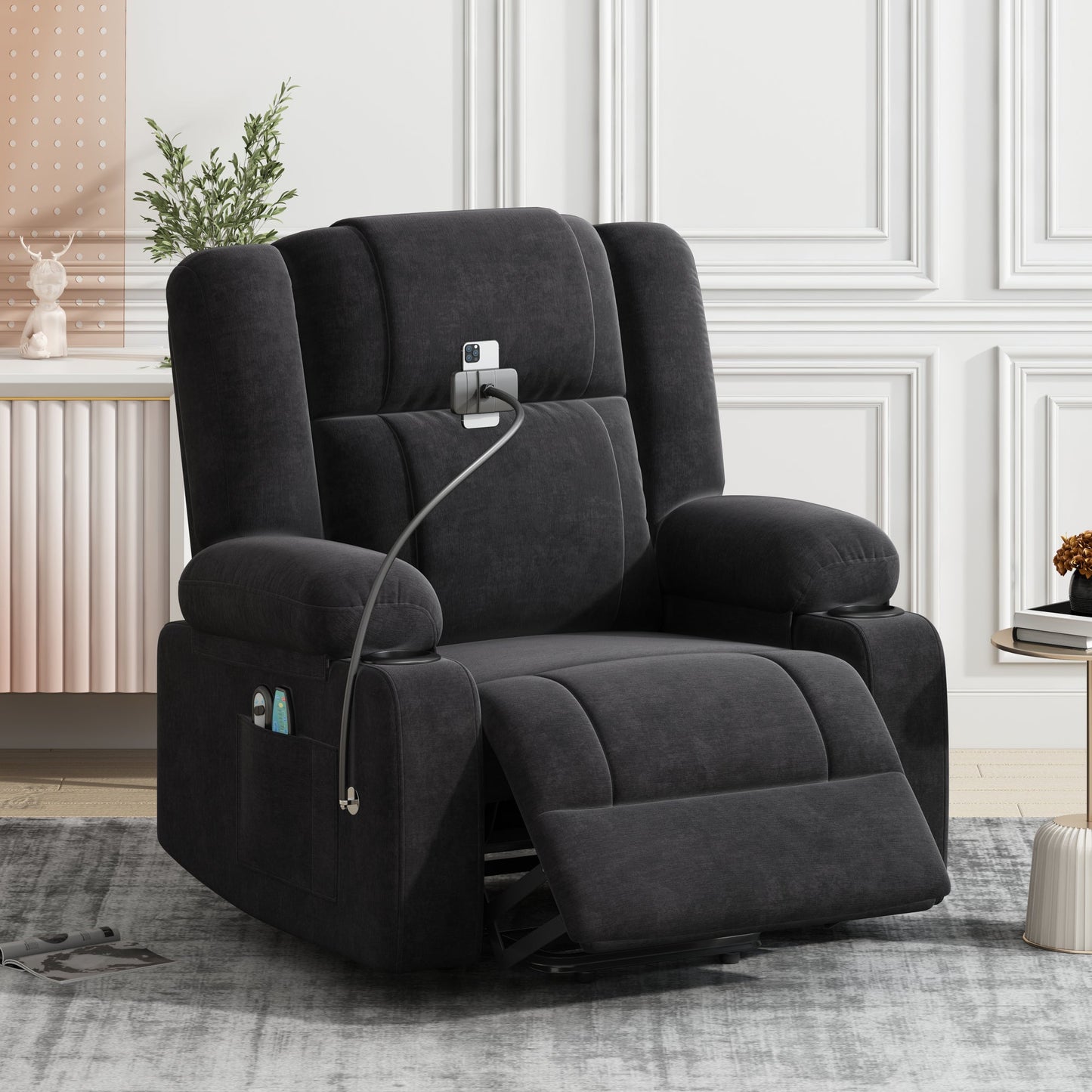 Power Lift Recliner Chair Electric Recliner for Elderly Recliner Chair with Massage and Heating Functions, Remote, Phone Holder Side Pockets and Cup Holders for Living Room, Black