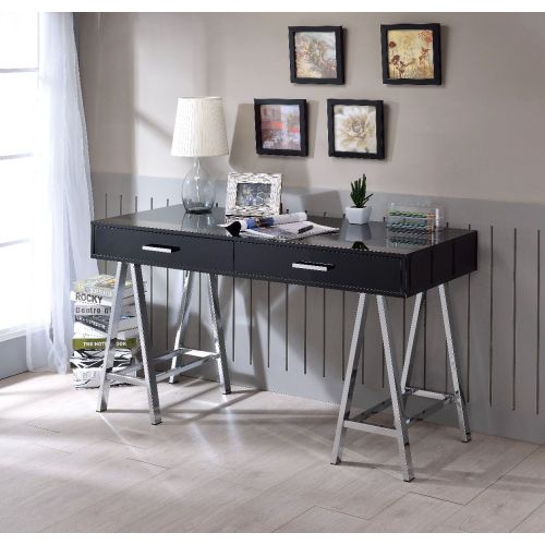 ACME Coleen Built-in USB Port Writing Desk, Black High Gloss & Chrome Finish 93045